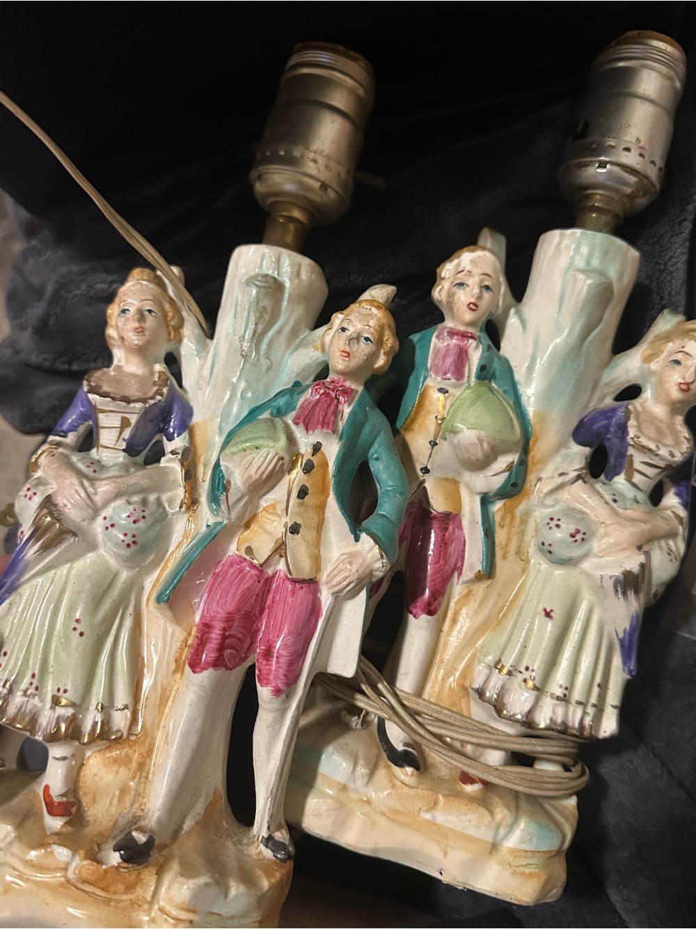 Vintage Porcelain Figurine Table Lamp Pair in Cream, Teal, Pink